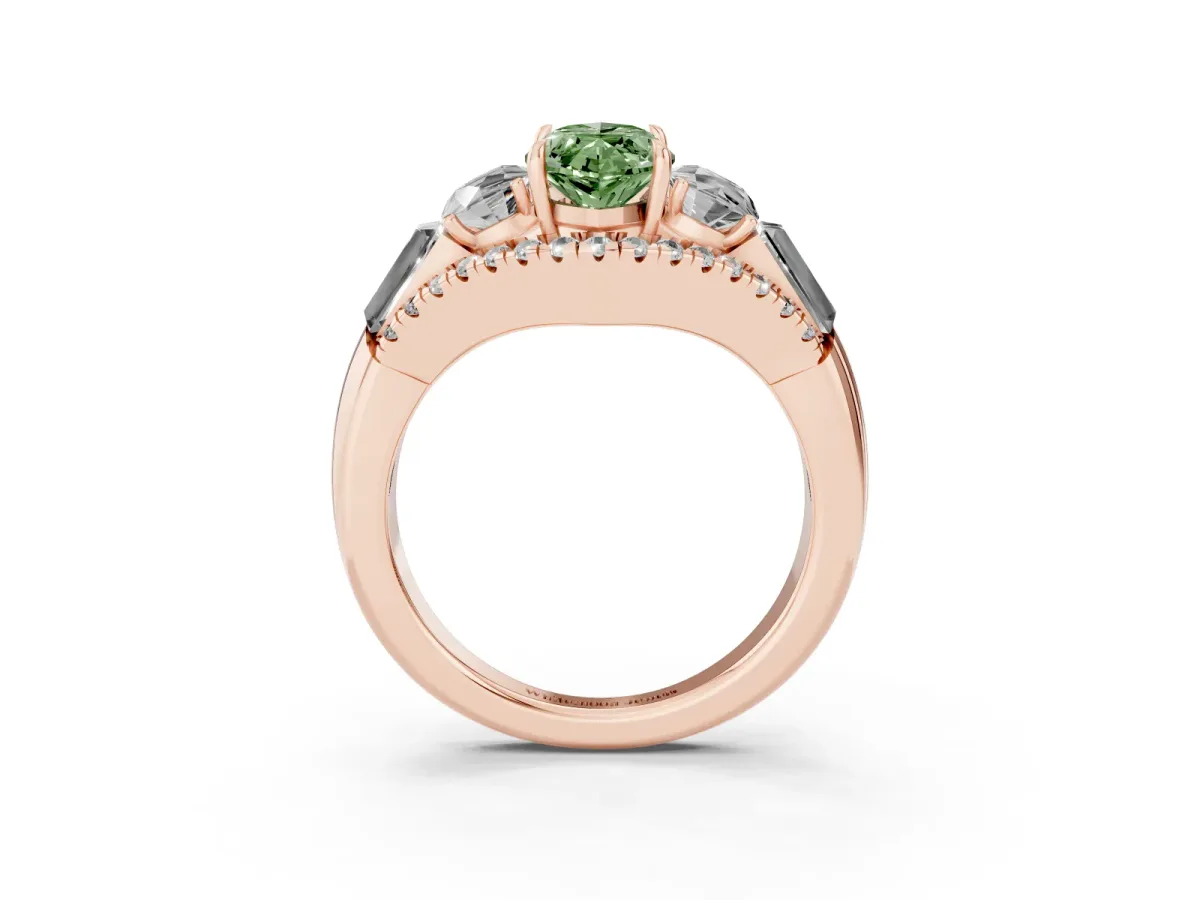 Fancy Green Three-Stone Marquise Cut Diamond Engagement Ring with Pave Band and Prong Setting Rose gold