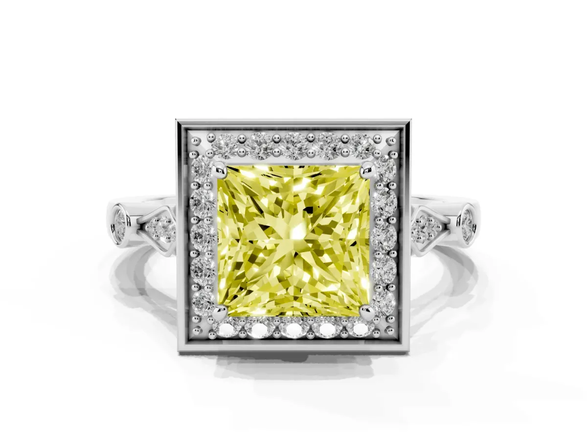 Fancy Yellow Princess Cut Halo Diamond Engagement Ring with Twisted Band and Four-Prong Setting Silver