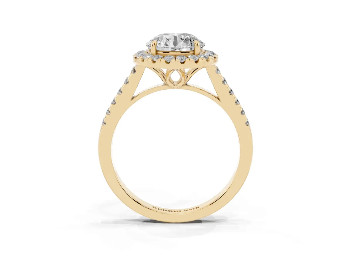 Round Cut Halo Pavé Diamond Engagement Ring with Four-Prong Setting Yellow gold