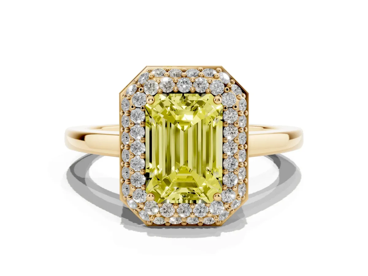 Fancy Yellow Emerald Cut Halo Diamond Engagement Ring with Solitaire Band and Four-Prong Setting Yellow gold