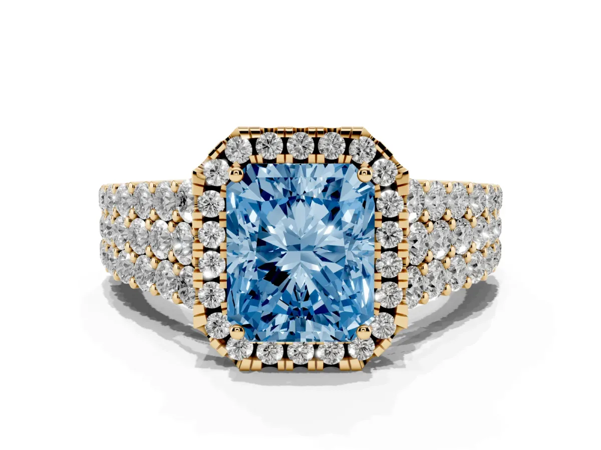 Fancy Blue Radiant Cut Diamond Halo Engagement Ring with Triple Row Round Pavé Band and Prong Setting Yellow gold