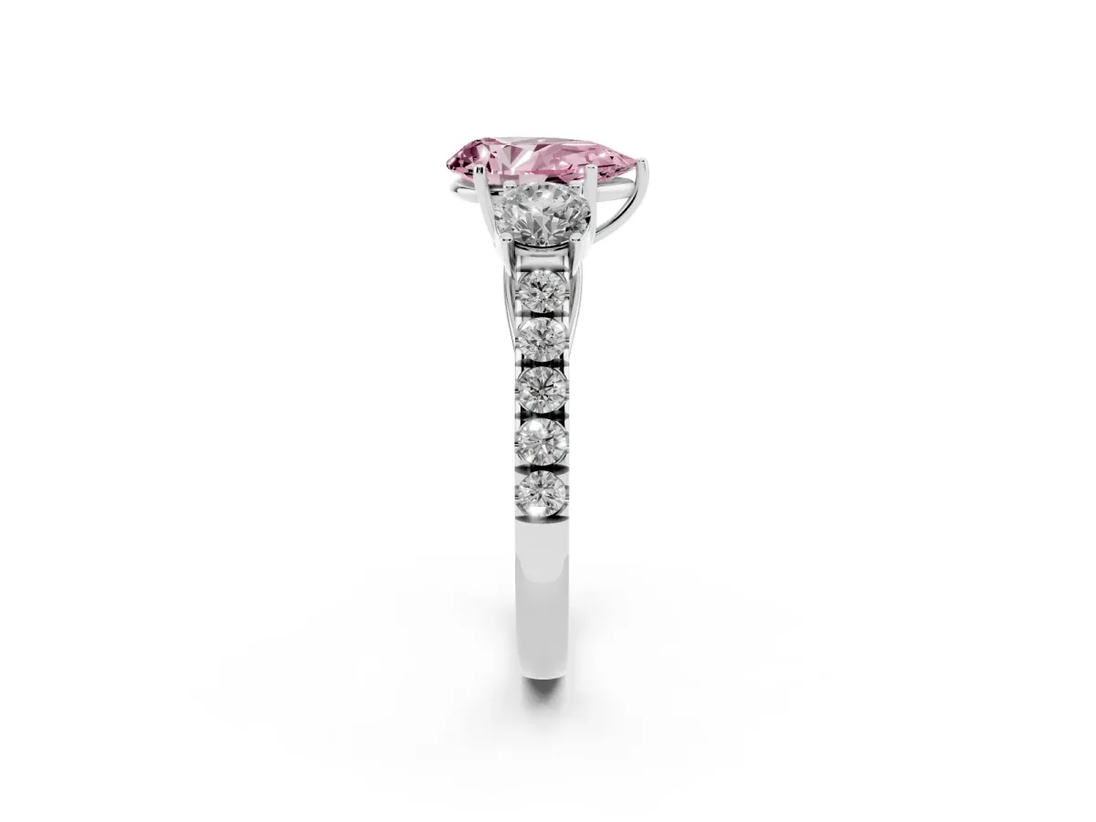 Fancy Pink Pear Cut Cut Diamond Three-Stone Ring with Round Side Stones and Pavé Band Platinum