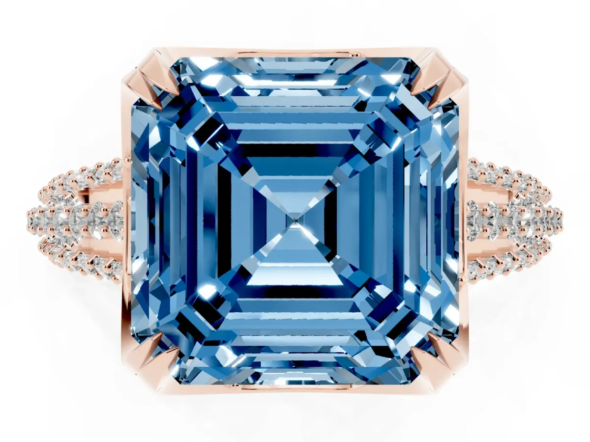 Fancy Blue Asscher Cut Solitaire Pave Split Shank Ring with Four-Prong Setting Rose gold