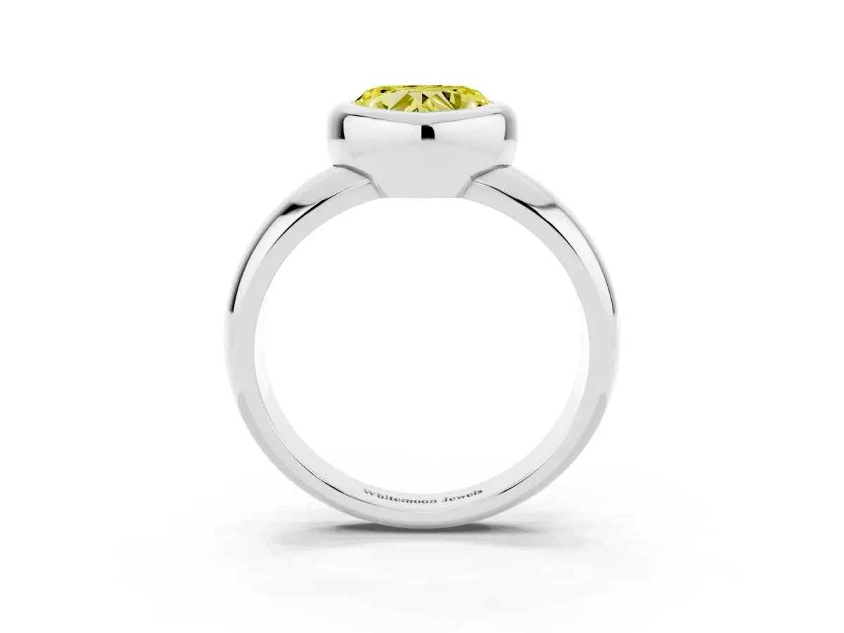 Fancy Yellow Bezel Set Heart Cut Solitaire Ring with Wide Band Silver