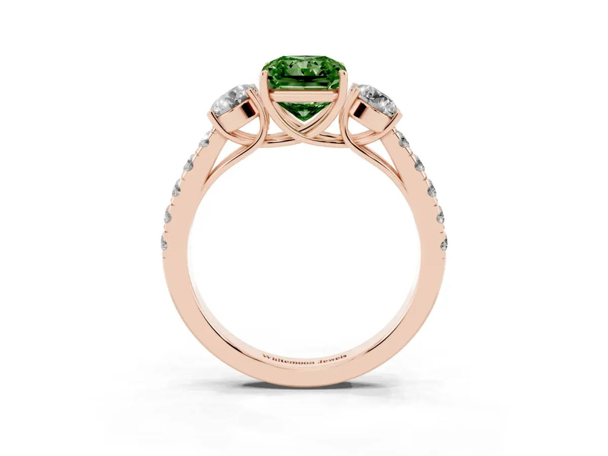 Fancy Green Radiant Cut Cut Diamond Three-Stone Ring with Round Side Stones and Pavé Band Rose gold