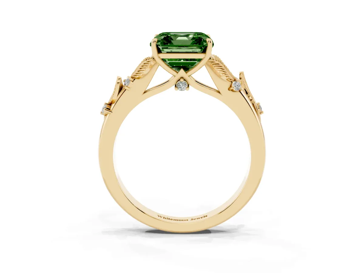 Fancy Green Asscher Cut Diamond Solitaire Ring with Leaf Motif Band and Four-Prong Setting Yellow gold