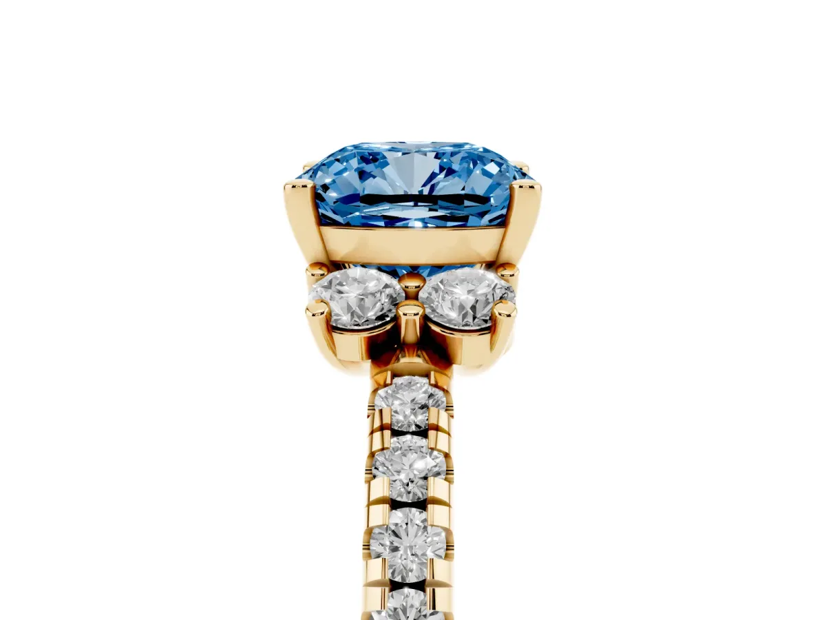 Fancy Blue Cushion Cut Diamond Three-Stone Pave Band with Four-Prong Setting Yellow gold
