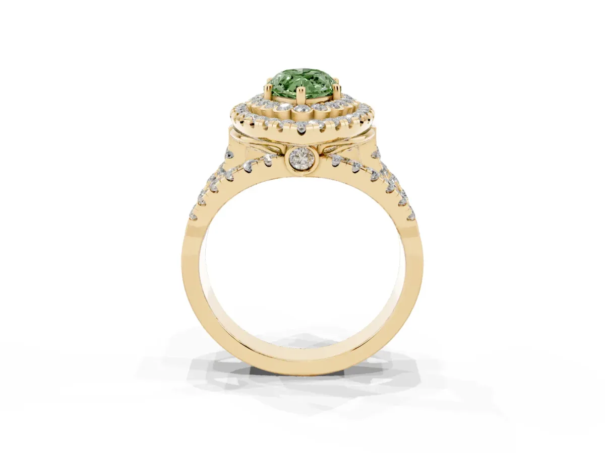 Fancy Green Marquise Cut Diamond Double Halo Ring with Round Pavé Split Shank and Prong Setting Yellow gold