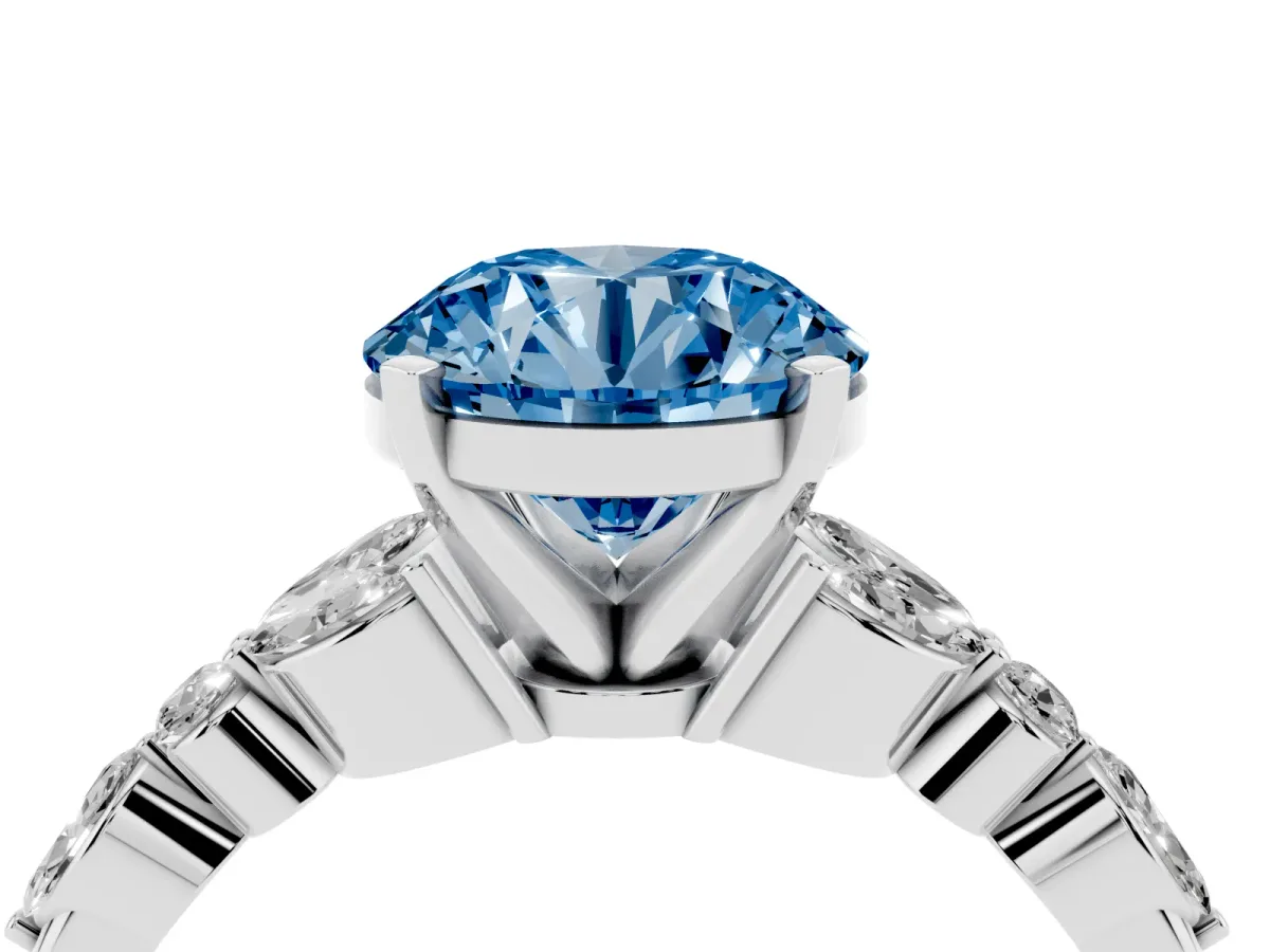 Fancy Blue Round Cut Diamond Solitaire Ring with Side Stones and Four-Prong Setting White gold