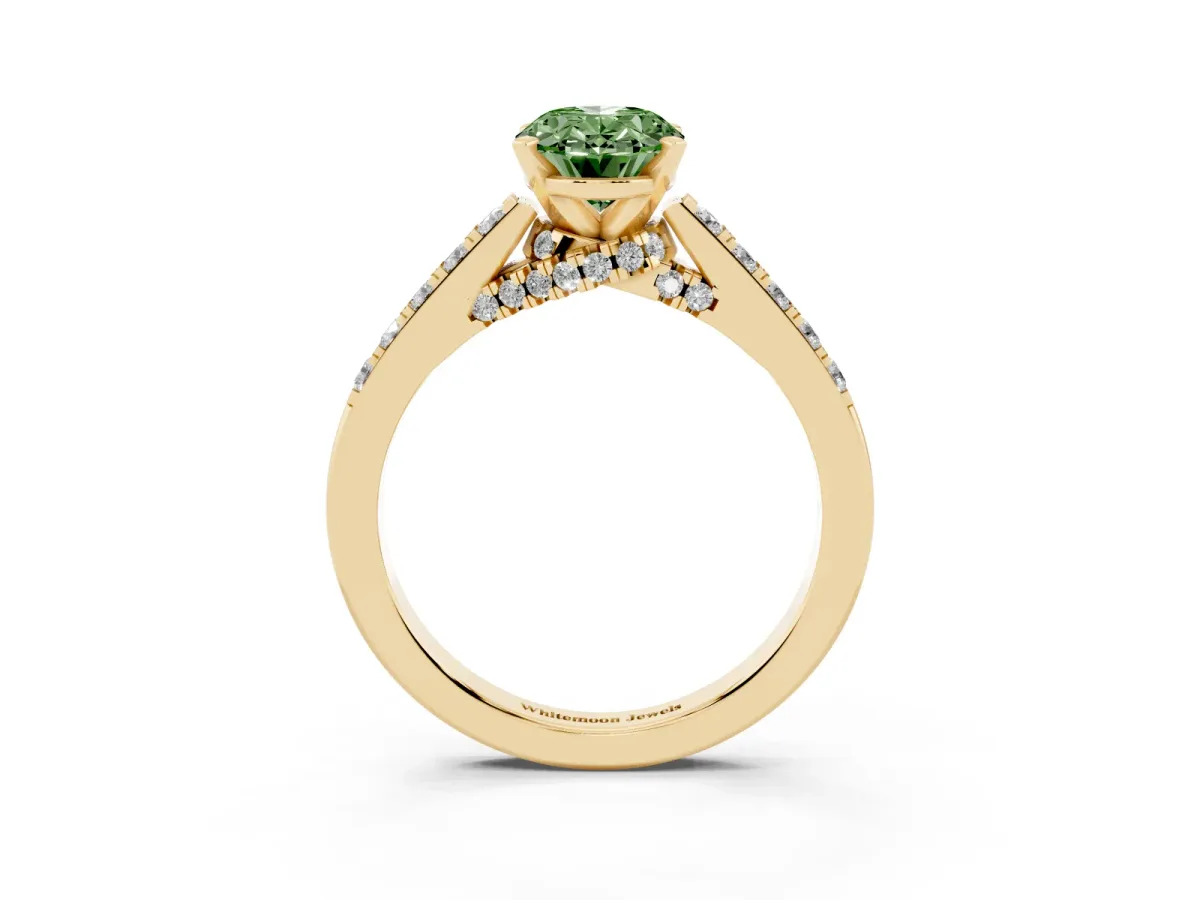 Fancy Green Oval Cut Diamond Solitaire Ring with Crossover Gallery and Round Pavé Band Yellow gold