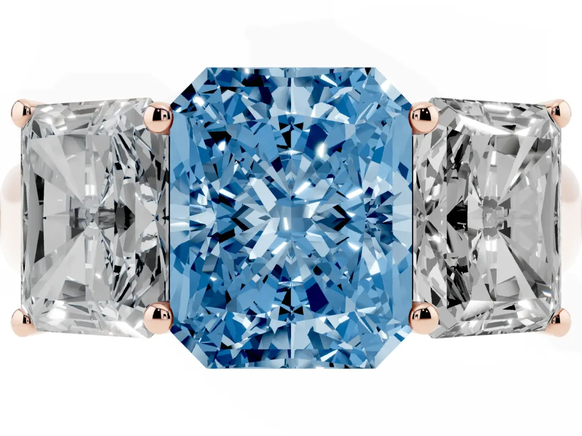 Fancy Blue Radiant Cut Three-Stone Diamond Ring with Prong Setting on a Classic Band Rose gold