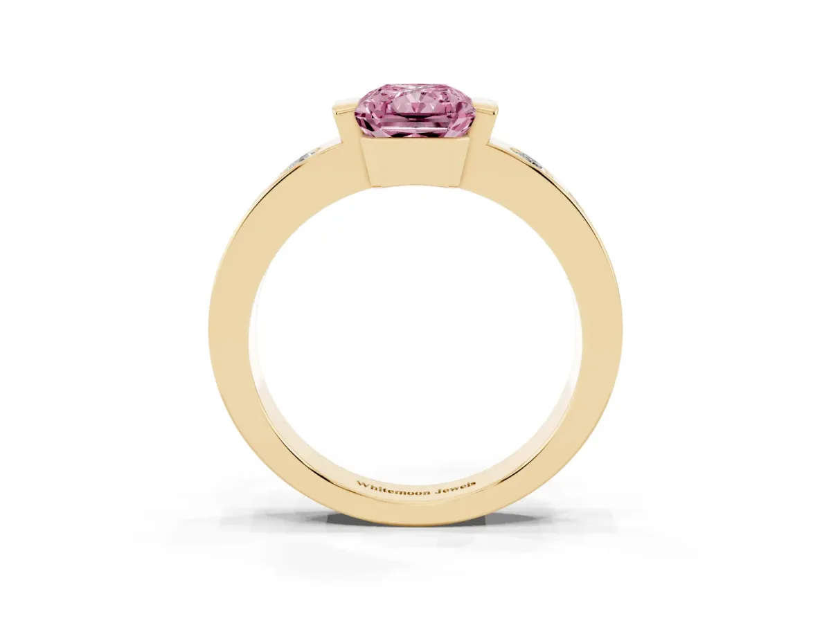 Fancy Pink Radiant Cut Brilliant Channel-Set Diamond Ring with Bezel Prong Setting Yellow gold