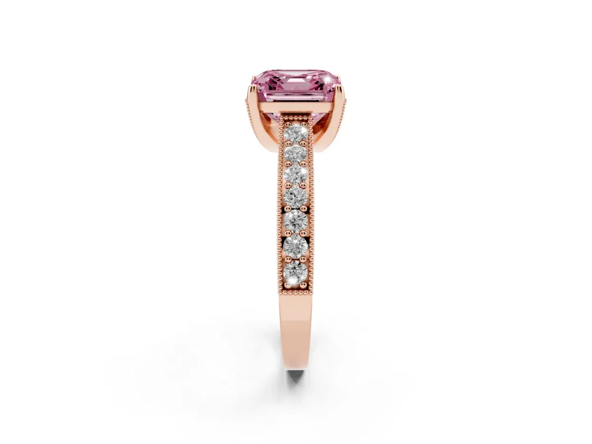 Fancy Pink Asscher Cut Cut Diamond Solitaire Ring with Milgrain Pave Band and Four Prong Setting Rose gold