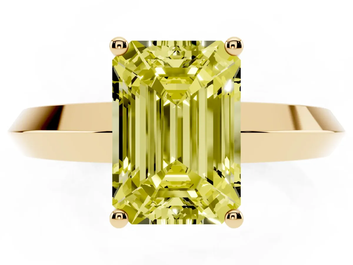 Fancy Yellow Emerald Cut Cut Solitaire Engagement Ring with Flat Band and Four-Prong Setting Yellow gold