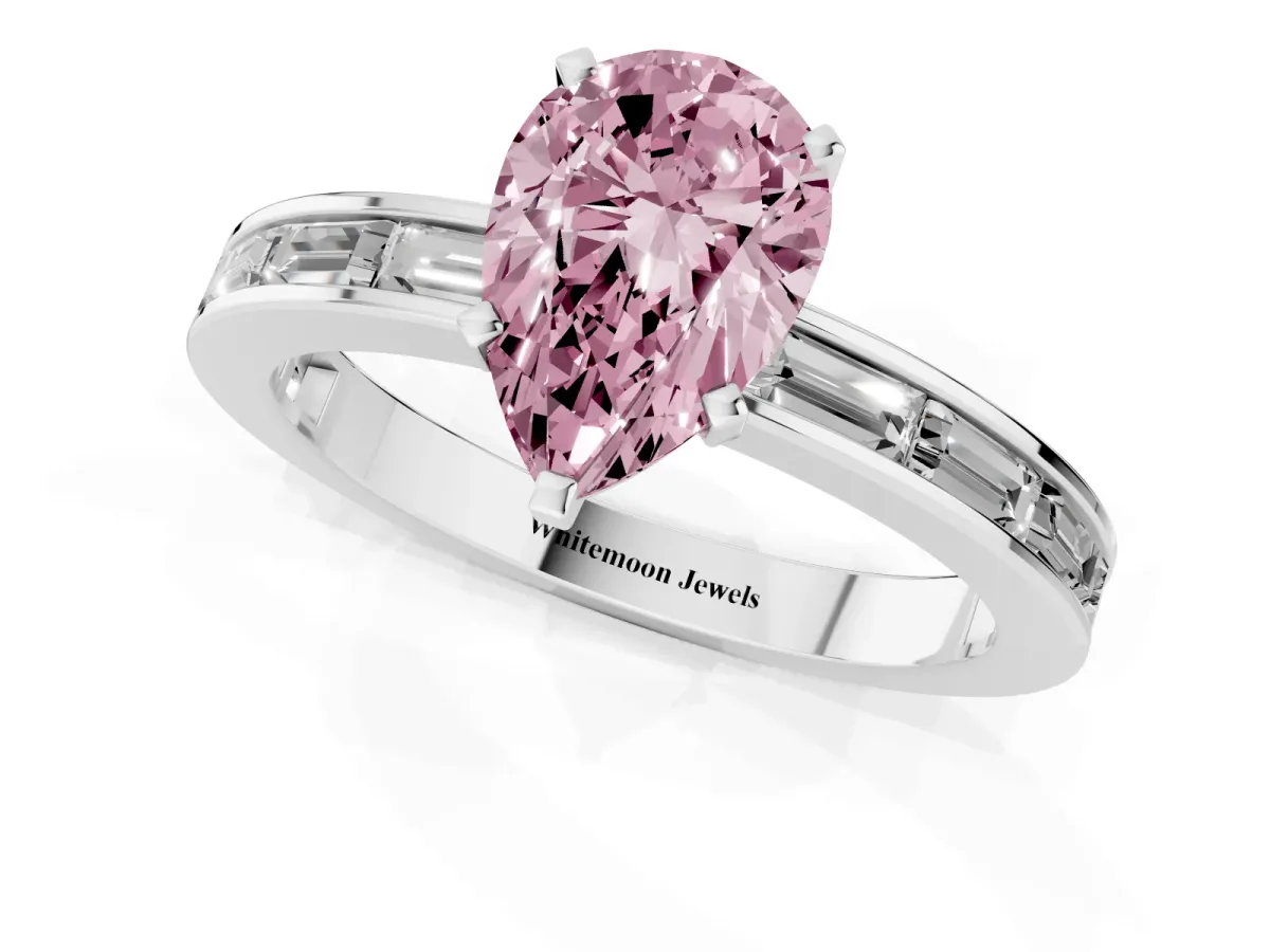 Fancy Pink Pear Cut Solitaire Diamond Ring with Channel-Set Baguette Band and Four-Prong Setting White gold