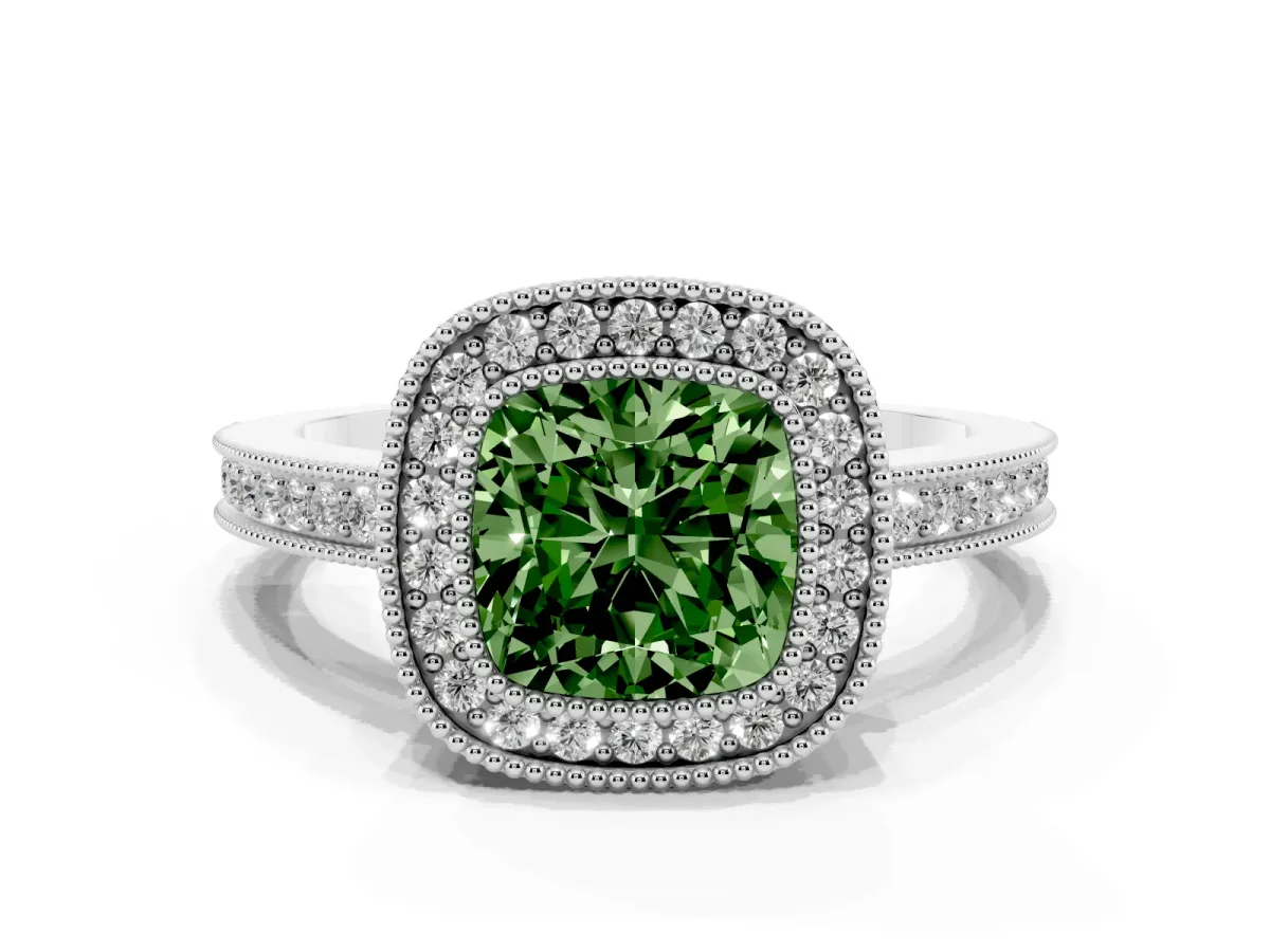 Fancy Green Cushion Cut Cut Halo Diamond Ring with Pavé Band and Milgrain Prong Setting Platinum
