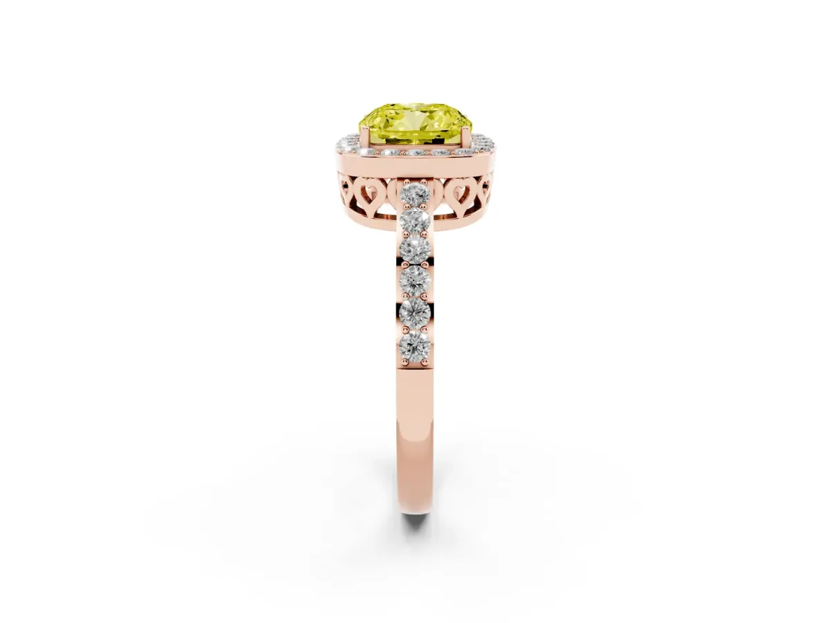 Fancy Yellow Cushion Cut Halo Diamond Pavé Band Ring with Prong Setting Rose gold