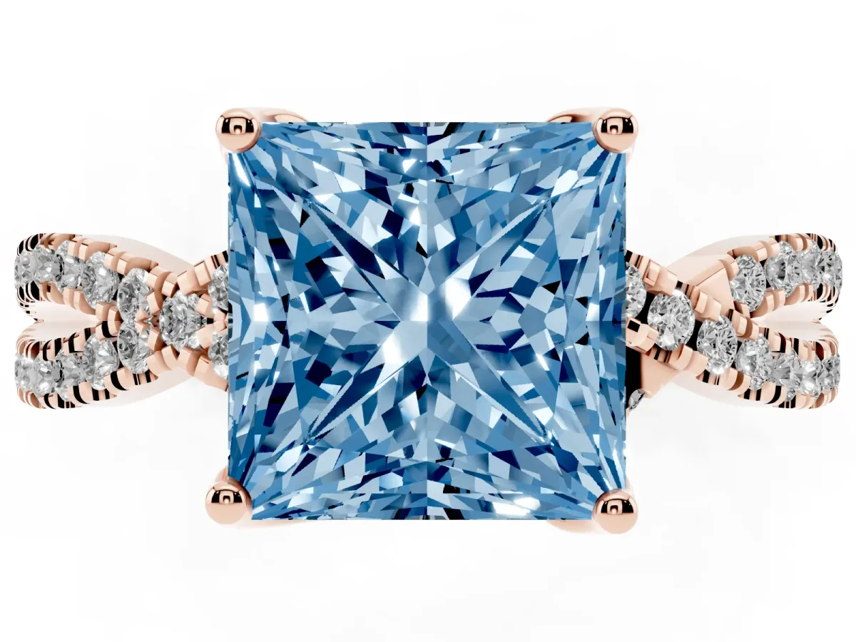 Fancy Blue Princess Cut Solitaire Twist Pave Diamond Engagement Ring with Prong Setting Rose gold