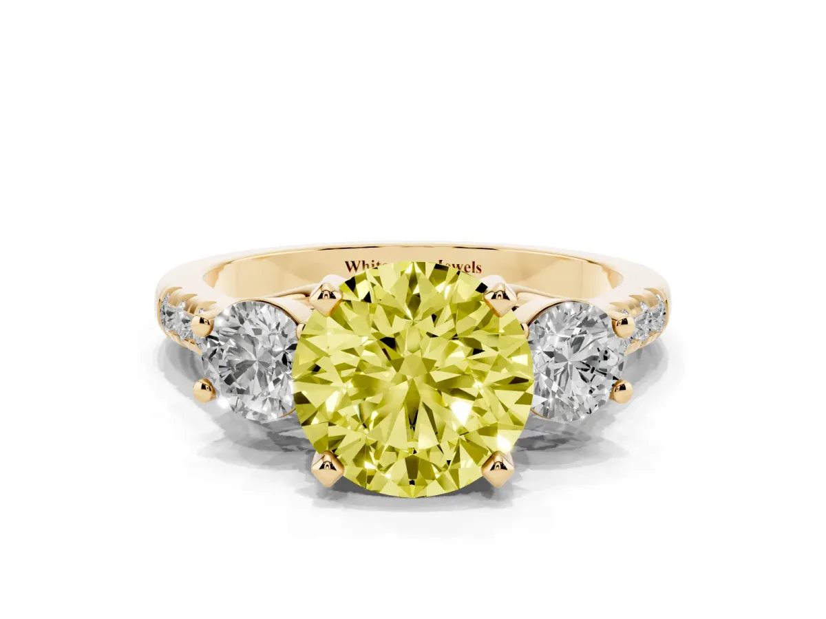 Fancy Yellow Three-Stone Round Cut Diamond Pavé Band with Four-Prong Setting Yellow gold