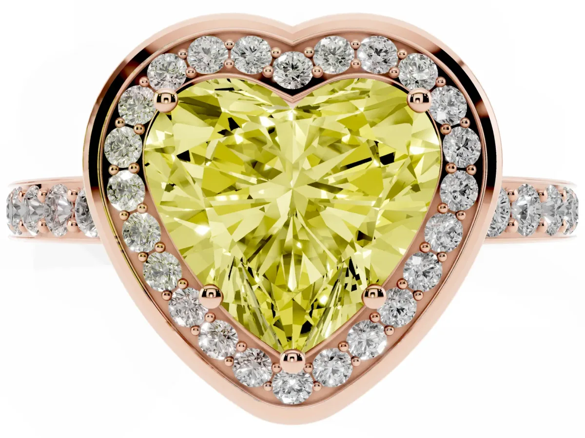 Fancy Yellow Heart Cut Diamond Halo Ring with Bezel Frame and Pavé Band Rose gold