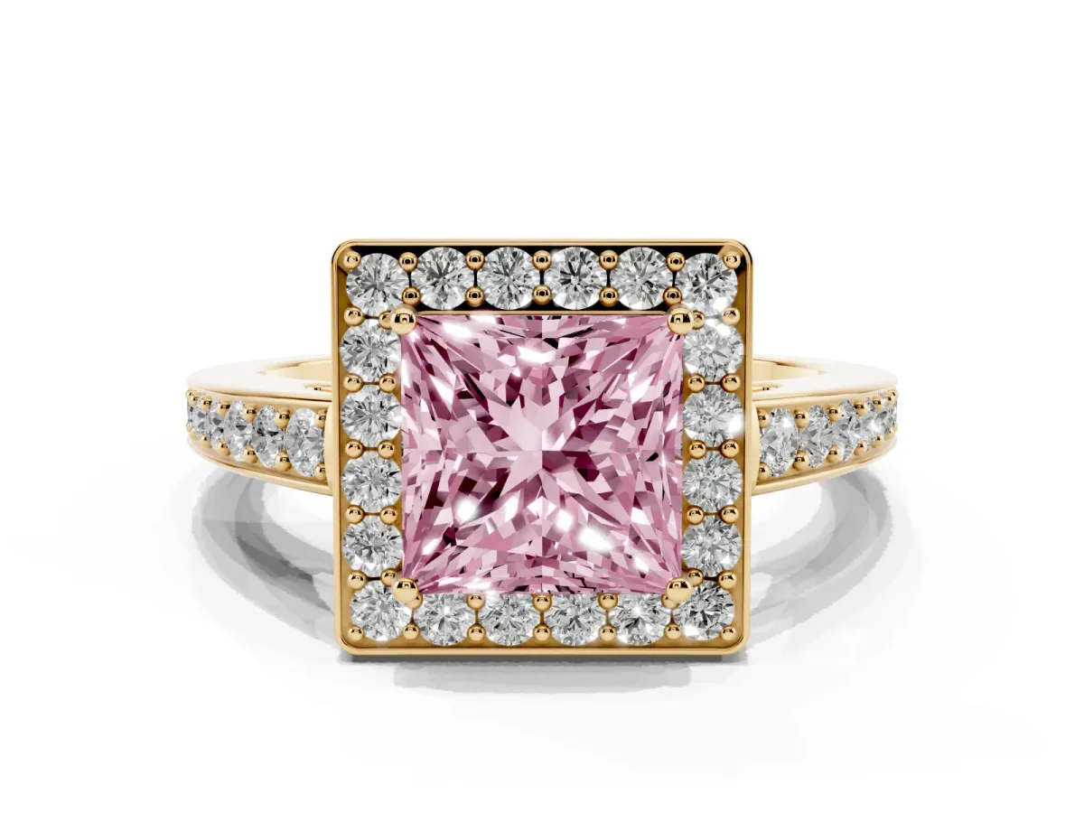 Fancy Pink Princess Cut Halo Pavé Diamond Engagement Ring with Bezel Setting Yellow gold