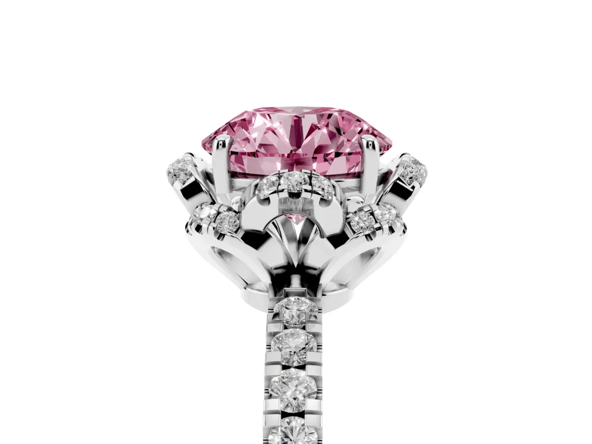 Fancy Pink Round Cut Halo Diamond Pave Band Ring with Four-Prong Setting Silver