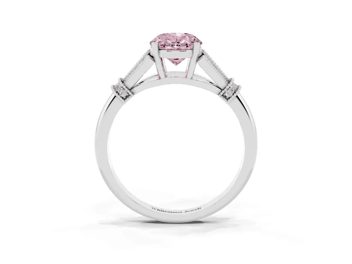 Fancy Pink Oval Cut Diamond Solitaire Ring with Floral Filigree and Pave Accents Platinum