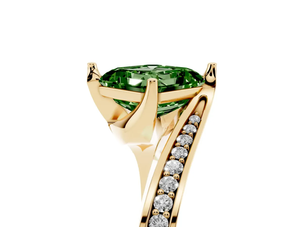 Fancy Green Asscher Cut Solitaire Diamond Twist Band with Pavé Setting and Four-Prong Setting Yellow gold