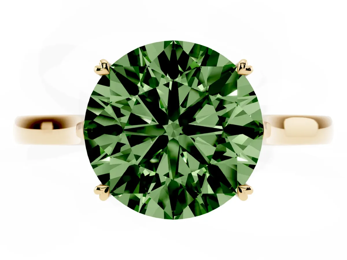 Fancy Green Round Cut Solitaire Heart Prong Engagement Ring with Tapered Band Yellow gold