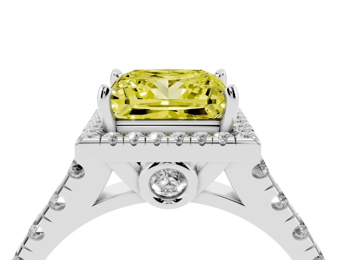 Fancy Yellow Princess Cut Halo Pavé Diamond Engagement Ring with Four-Prong Setting Platinum