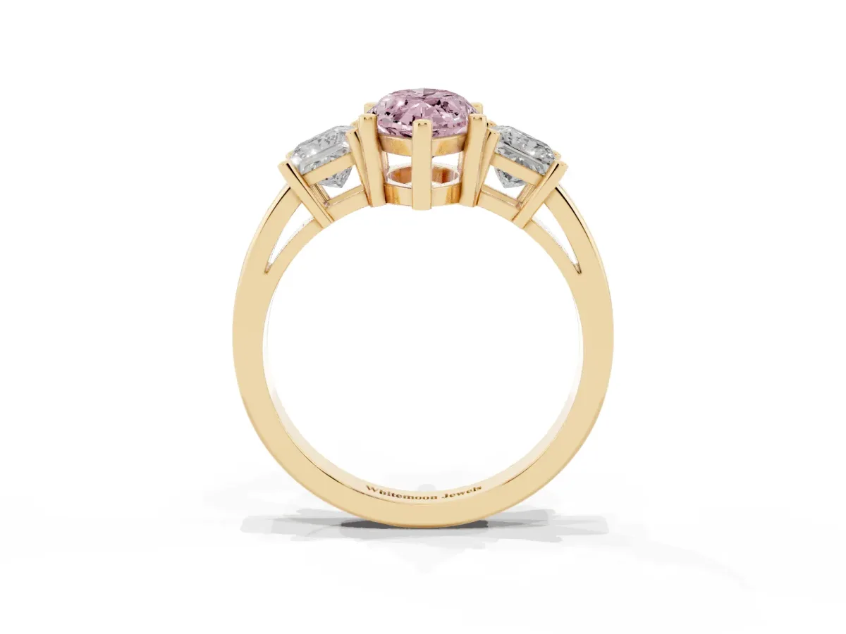 Fancy Pink Three-Stone Marquise Cut Cut Solitaire Ring with Prong Setting Yellow gold