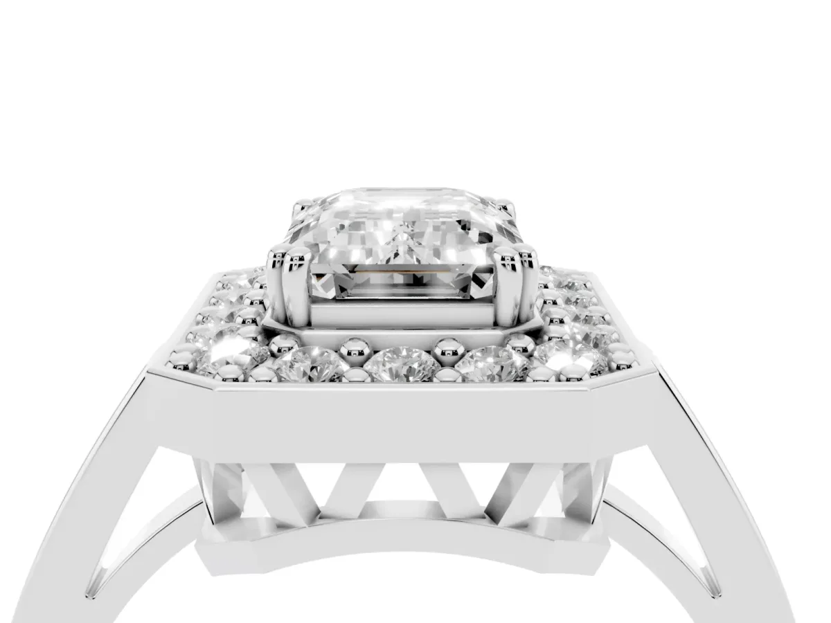 Emerald Cut Diamond Halo Ring with Split Shank and Four-Prong Setting Silver