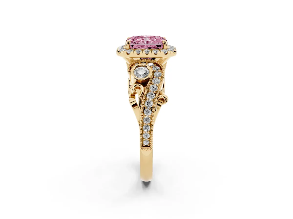 Fancy Pink Radiant Cut Diamond Halo Ring with Milgrain Pavé Band and Four-Prong Setting Yellow gold