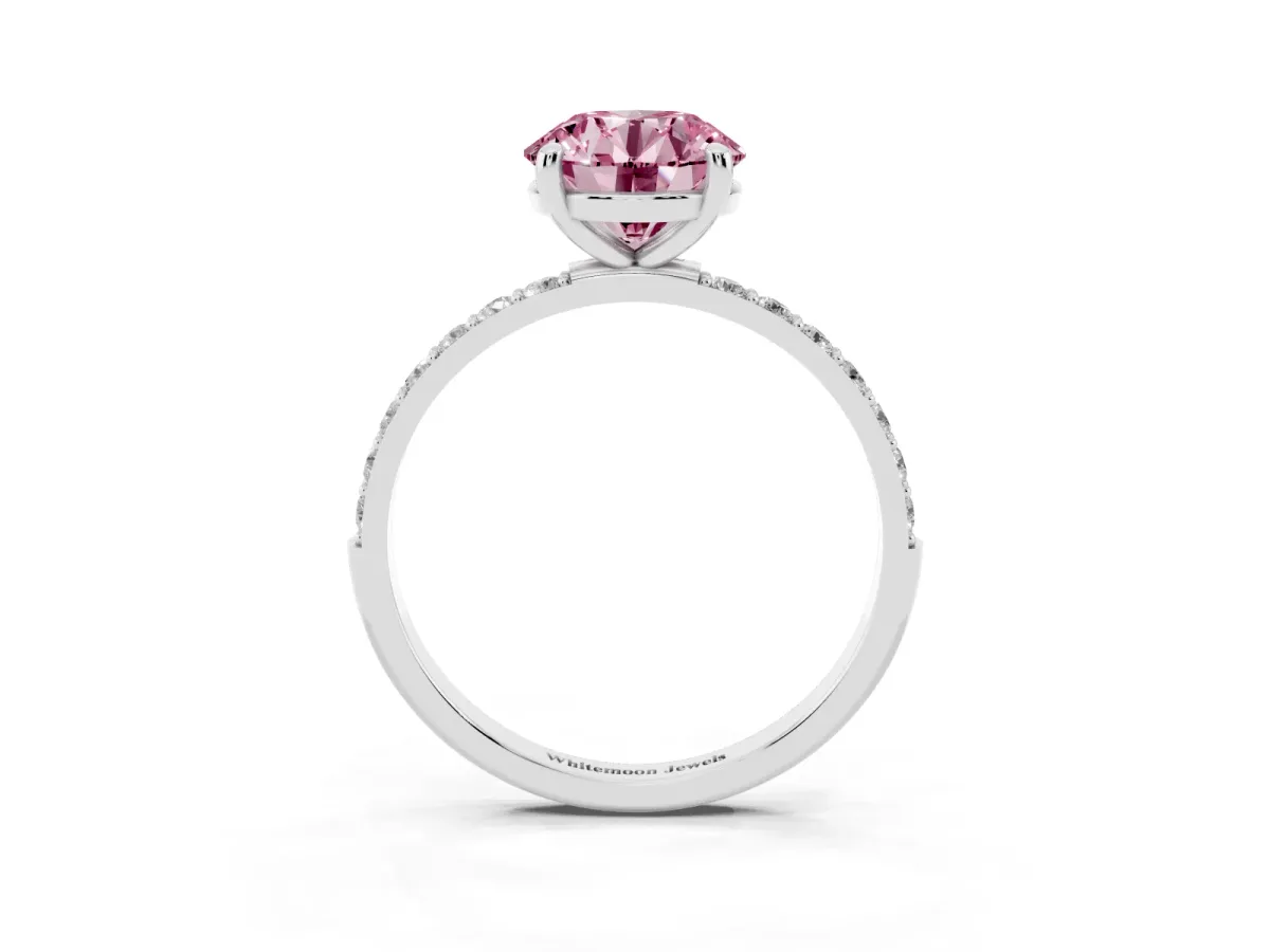 Fancy Pink Round Cut Diamond Solitaire Ring with Round Pavé Band and Prong Setting Silver