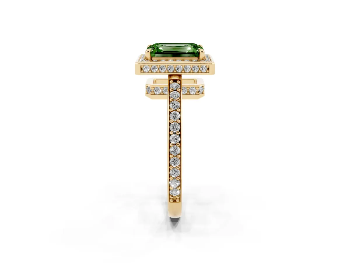 Fancy Green Emerald Cut Halo Pave Band Solitaire Ring with Prong Setting Yellow gold
