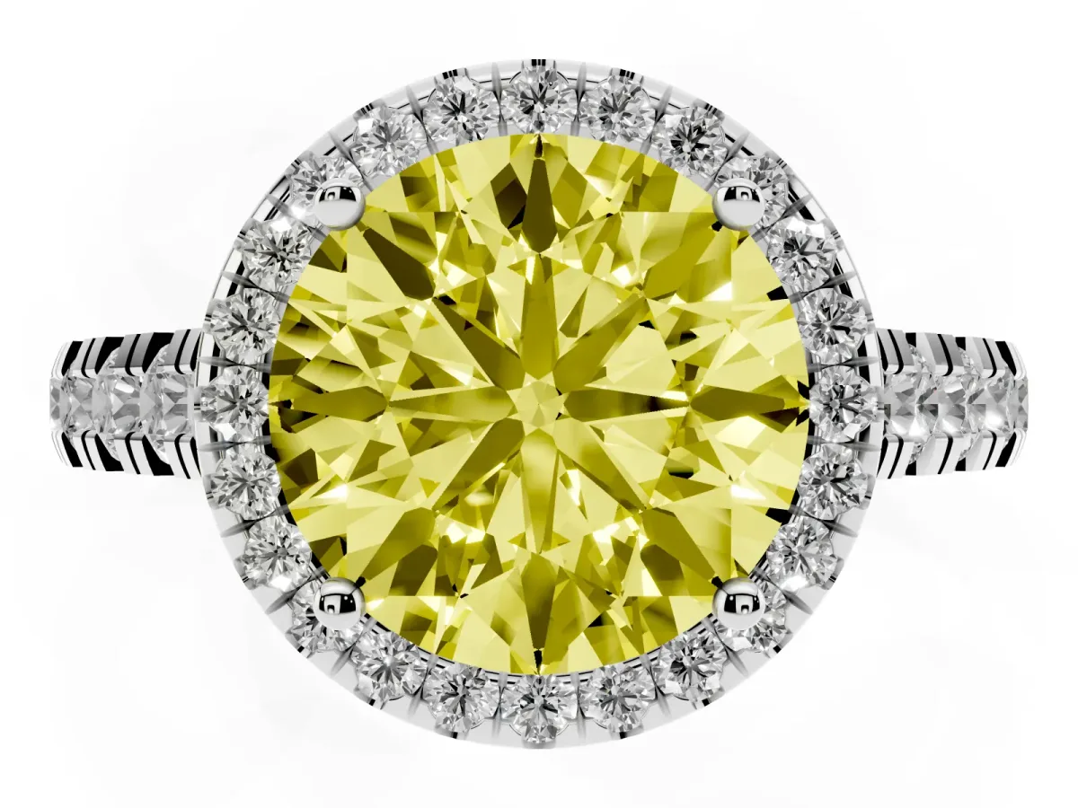 Fancy Yellow Round Cut Halo Pavé Diamond Engagement Ring with Four-Prong Setting Silver