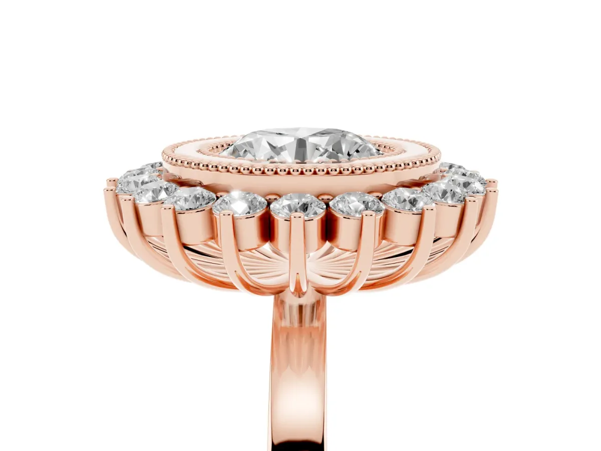 Round Cut Halo Diamond Ring with Milgrain Edge and Round Prong Setting Rose gold