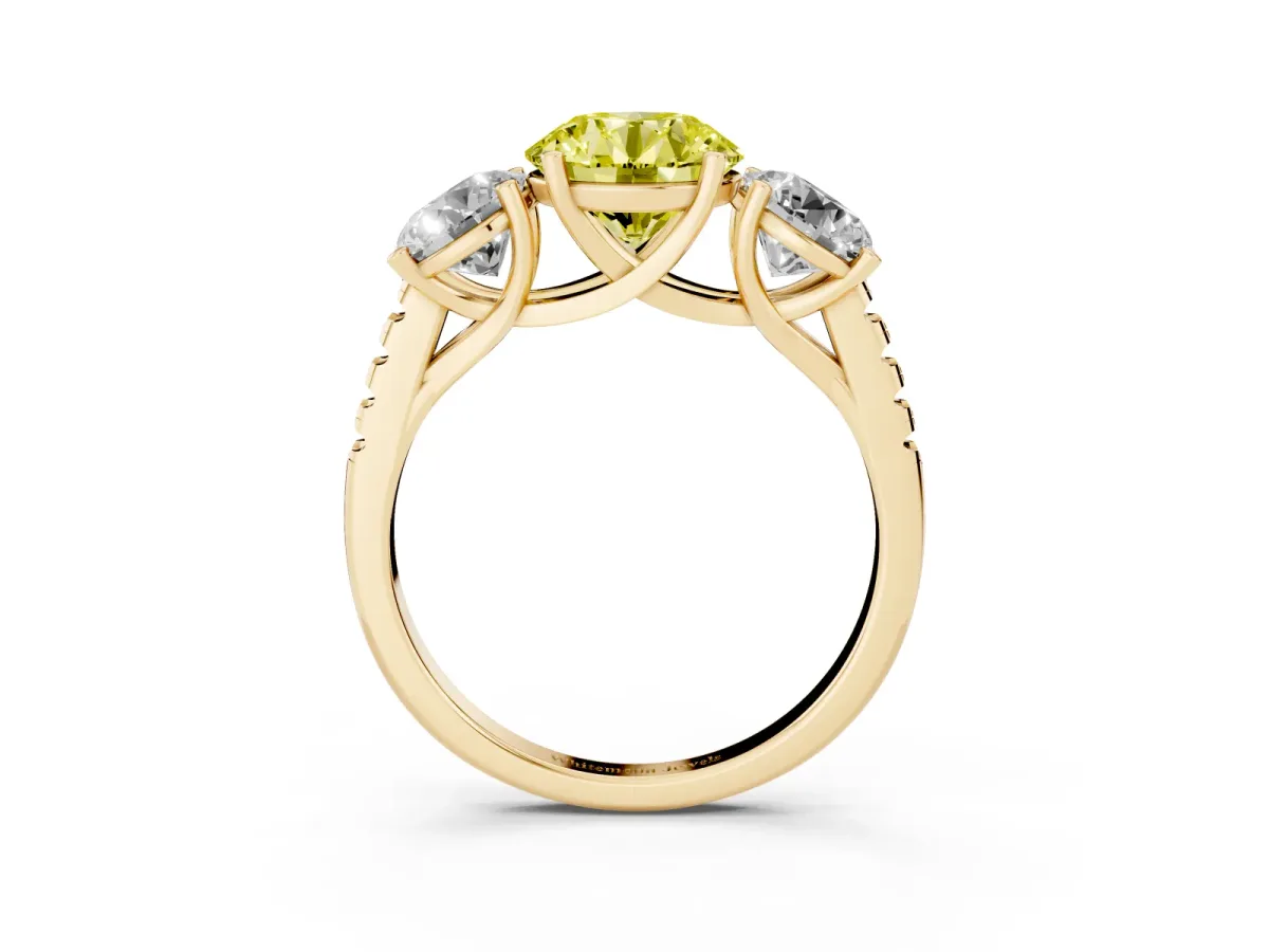 Fancy Yellow Three-Stone Round Cut Diamond Ring with Round Pavé Band and Prong Setting Yellow gold