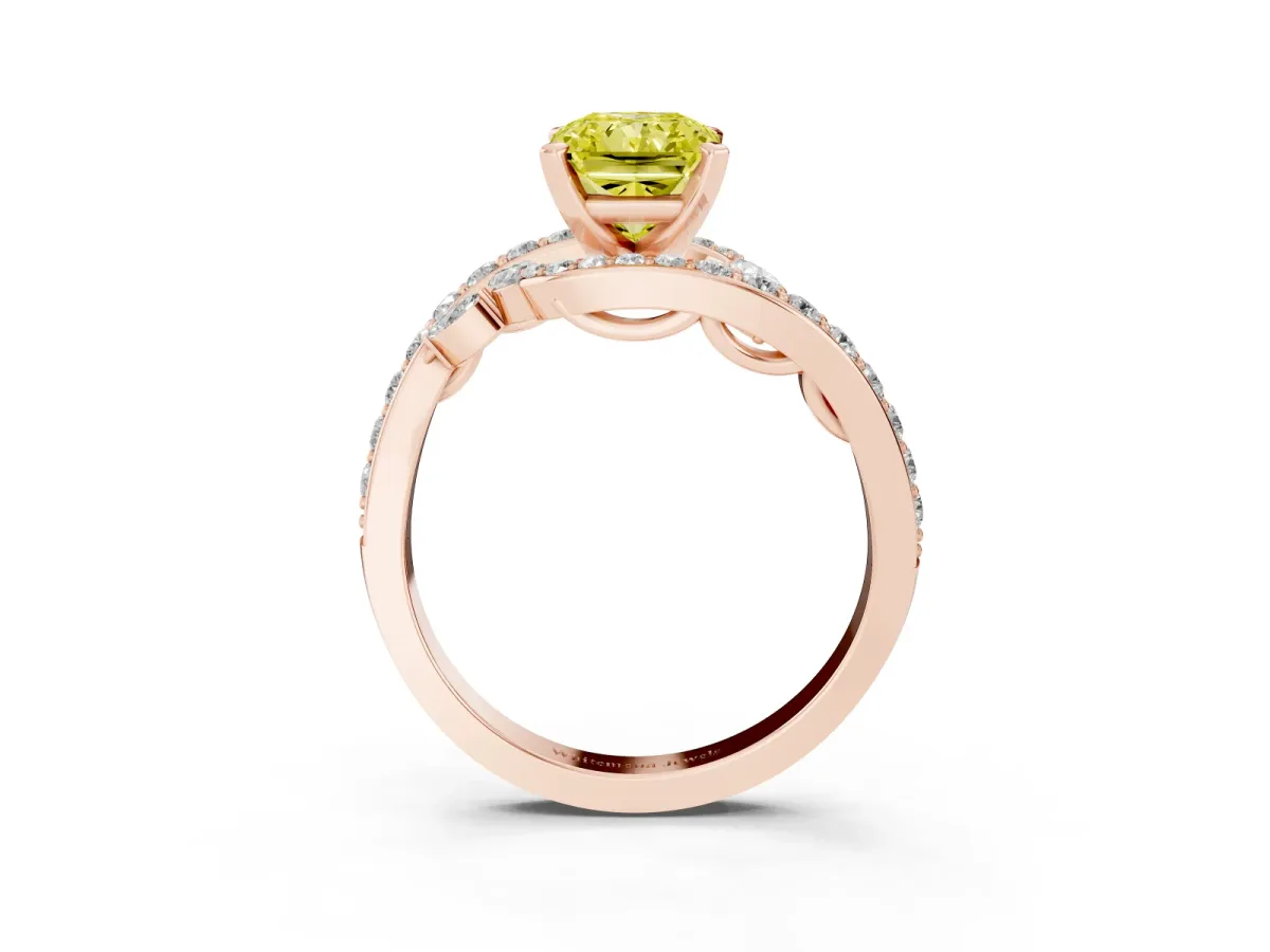 Fancy Yellow Radiant Cut Solitaire with Pavé Twist Band and Four-Prong Setting Rose gold