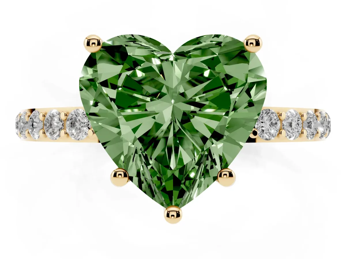 Fancy Green Heart Cut Diamond Solitaire Ring with Round Pavé Shoulders and Prong Setting Yellow gold