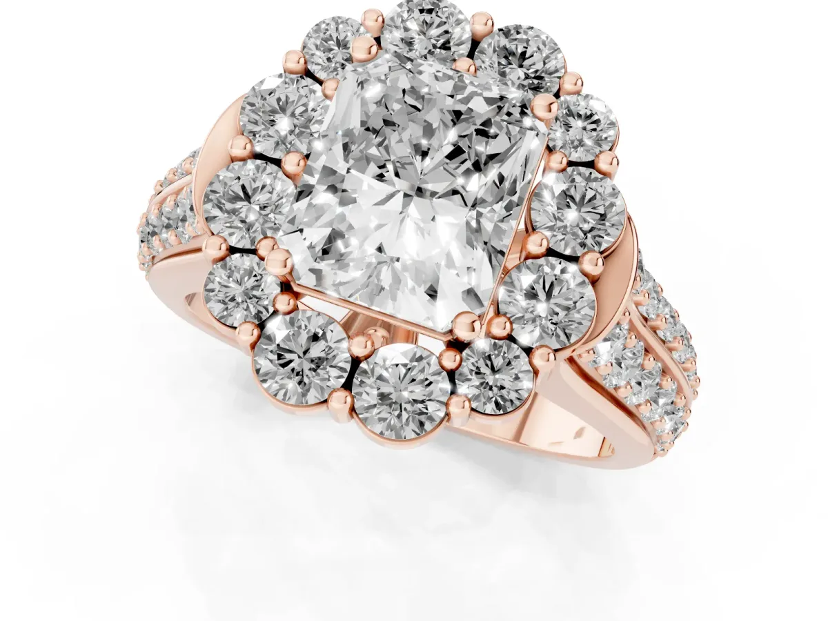 Radiant Cut Halo Diamond Engagement Ring with Split Shank and Prong Setting Rose gold