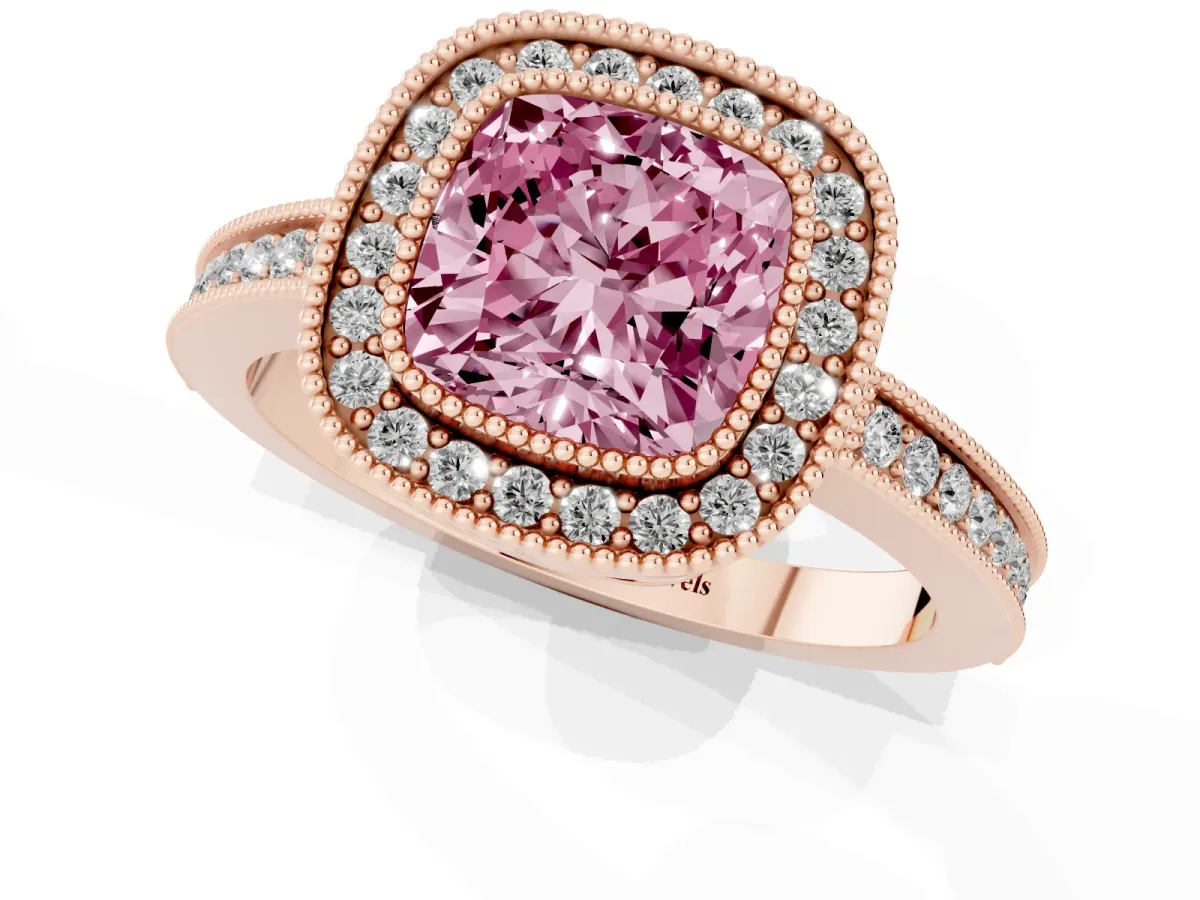 Fancy Pink Cushion Cut Cut Halo Diamond Ring with Pavé Band and Milgrain Prong Setting Rose gold