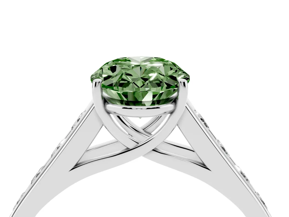Fancy Green Oval Cut Brilliant Channel-Set Solitaire Ring with Four-Prong Setting Platinum