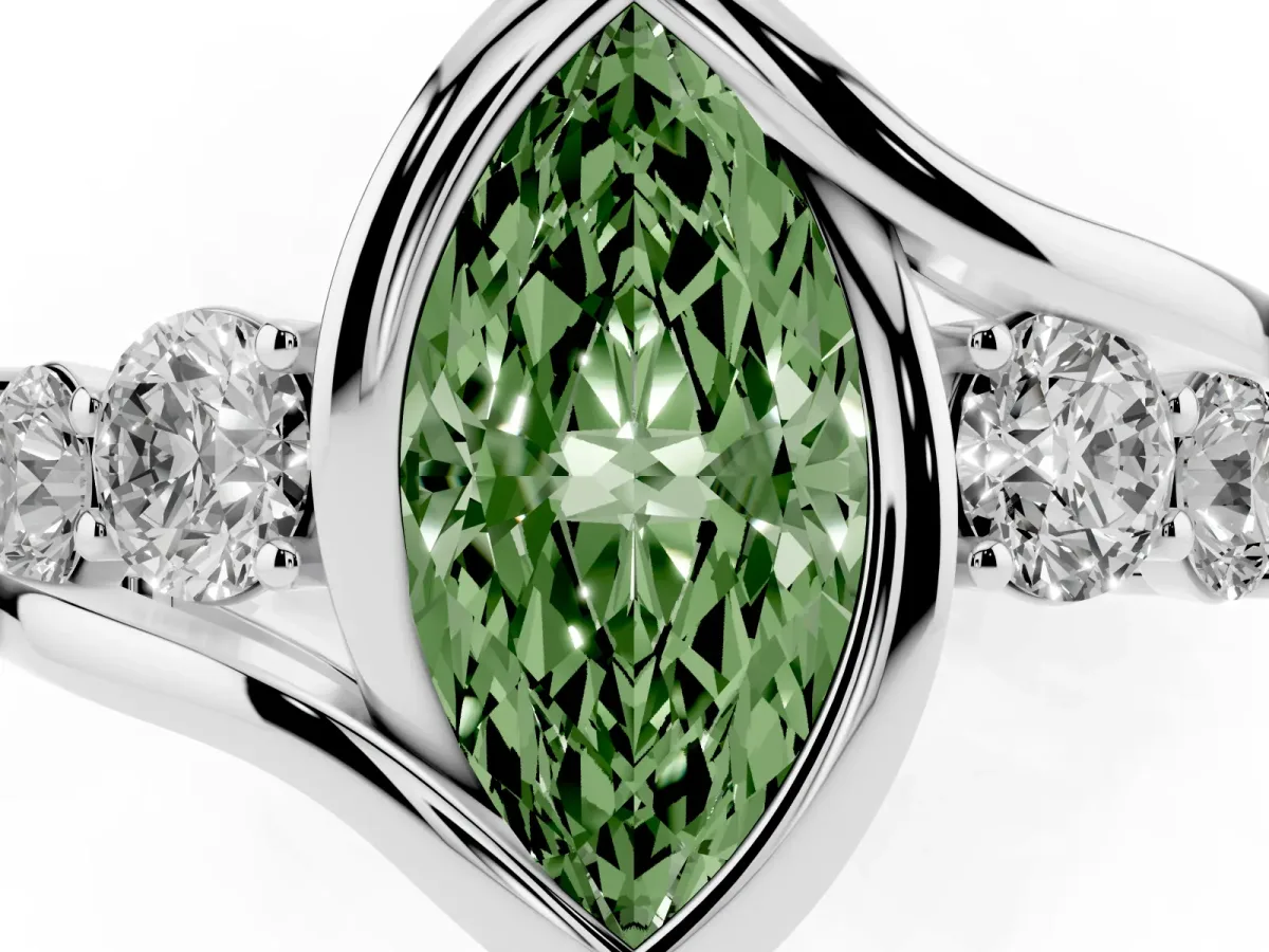 Fancy Green Bezel Set Marquise Cut Diamond Bypass Ring with Round Accents Silver