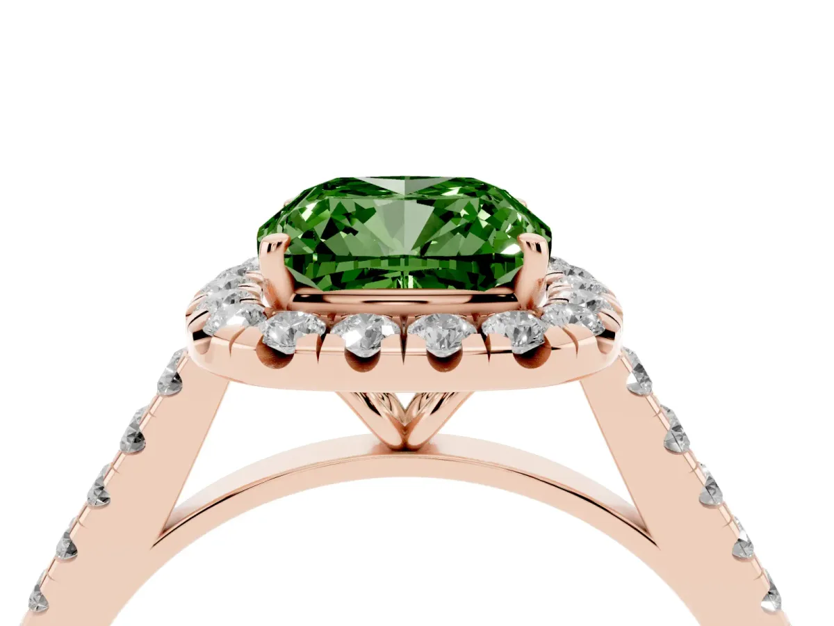 Fancy Green Cushion Cut Halo Pave Diamond Engagement Ring with Four-Prong Setting Rose gold