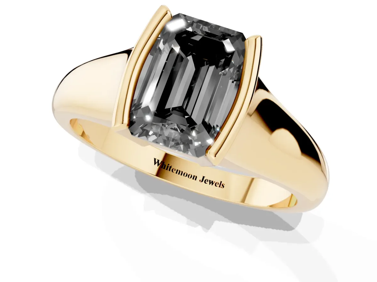 Fancy Black Emerald Cut Solitaire Tension Set Diamond Ring with Split Shank Band Yellow gold