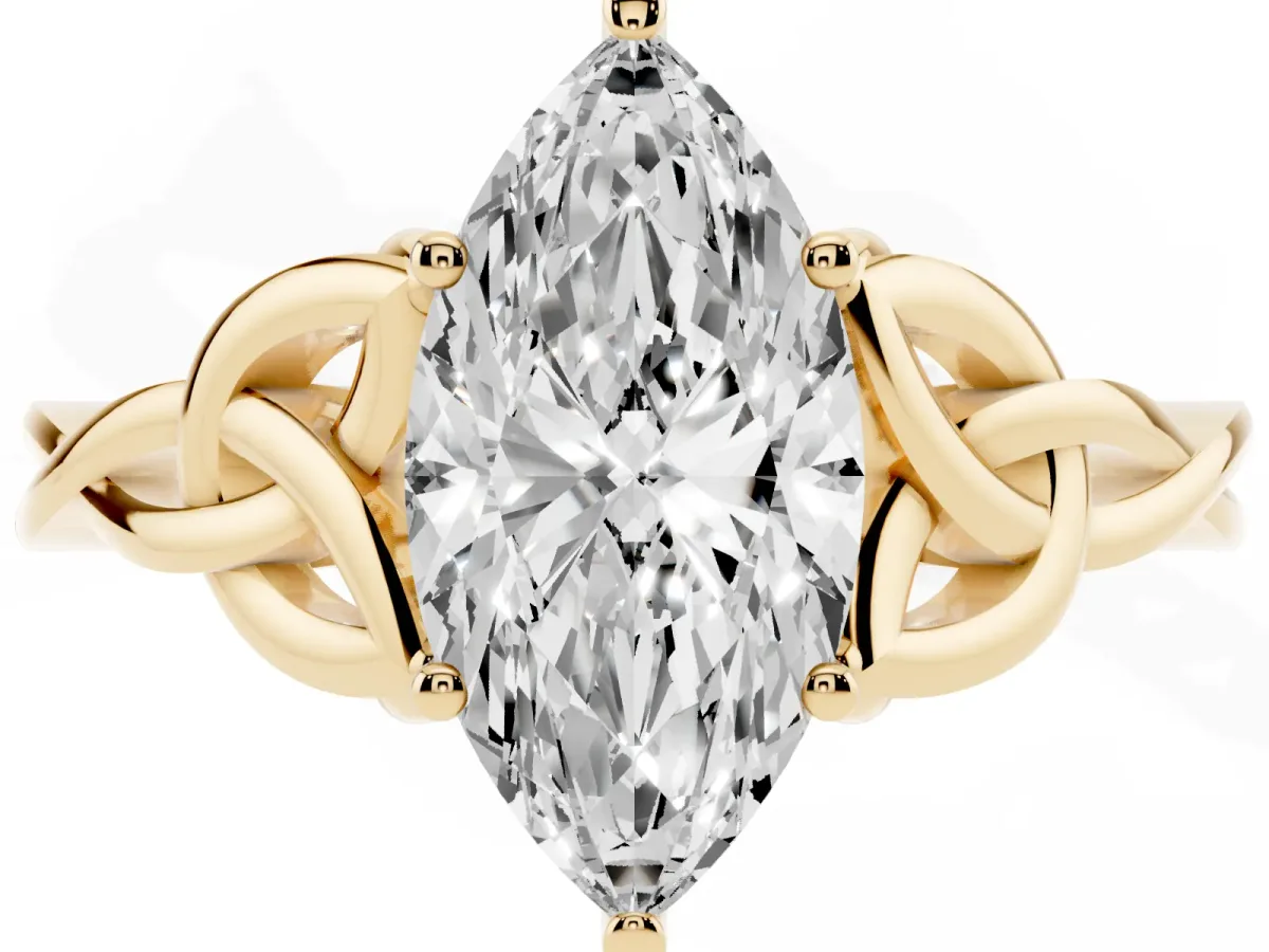 Marquise Cut Diamond Solitaire Engagement Ring with Celtic Knot Band and Four-Prong Setting Yellow gold