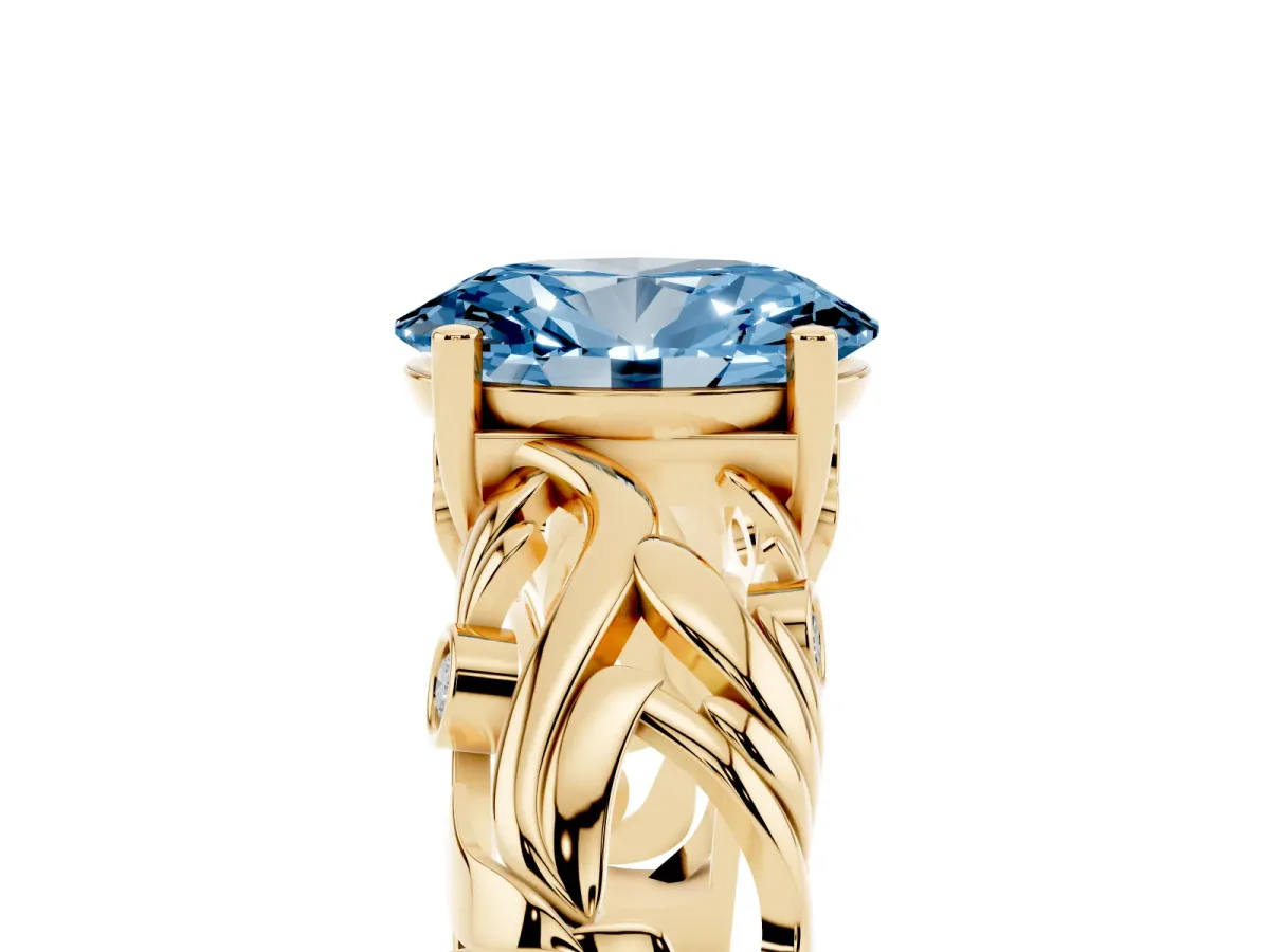 Fancy Blue Oval Cut Solitaire Diamond Leaf-Inspired Vine Band Ring with Prong Setting Yellow gold