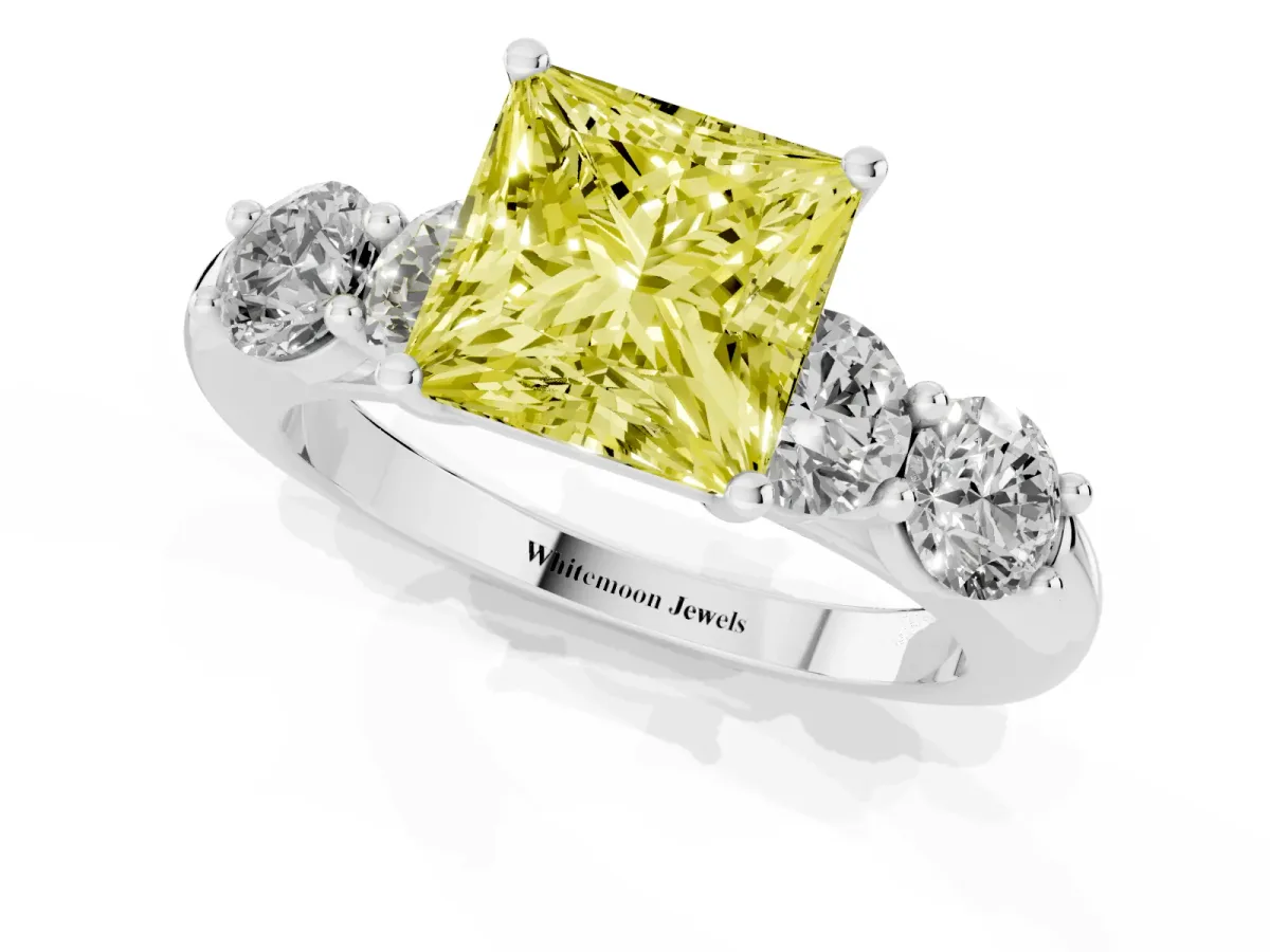 Fancy Yellow Princess Cut Cut Five-Stone Prong Set Diamond Ring with Classic Band Silver
