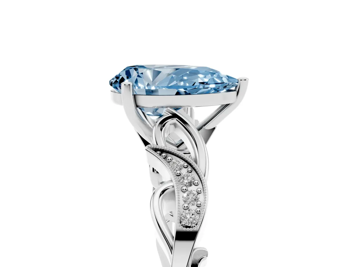 Fancy Blue Pear Cut Solitaire Vine Band with Milgrain Prong Setting Platinum